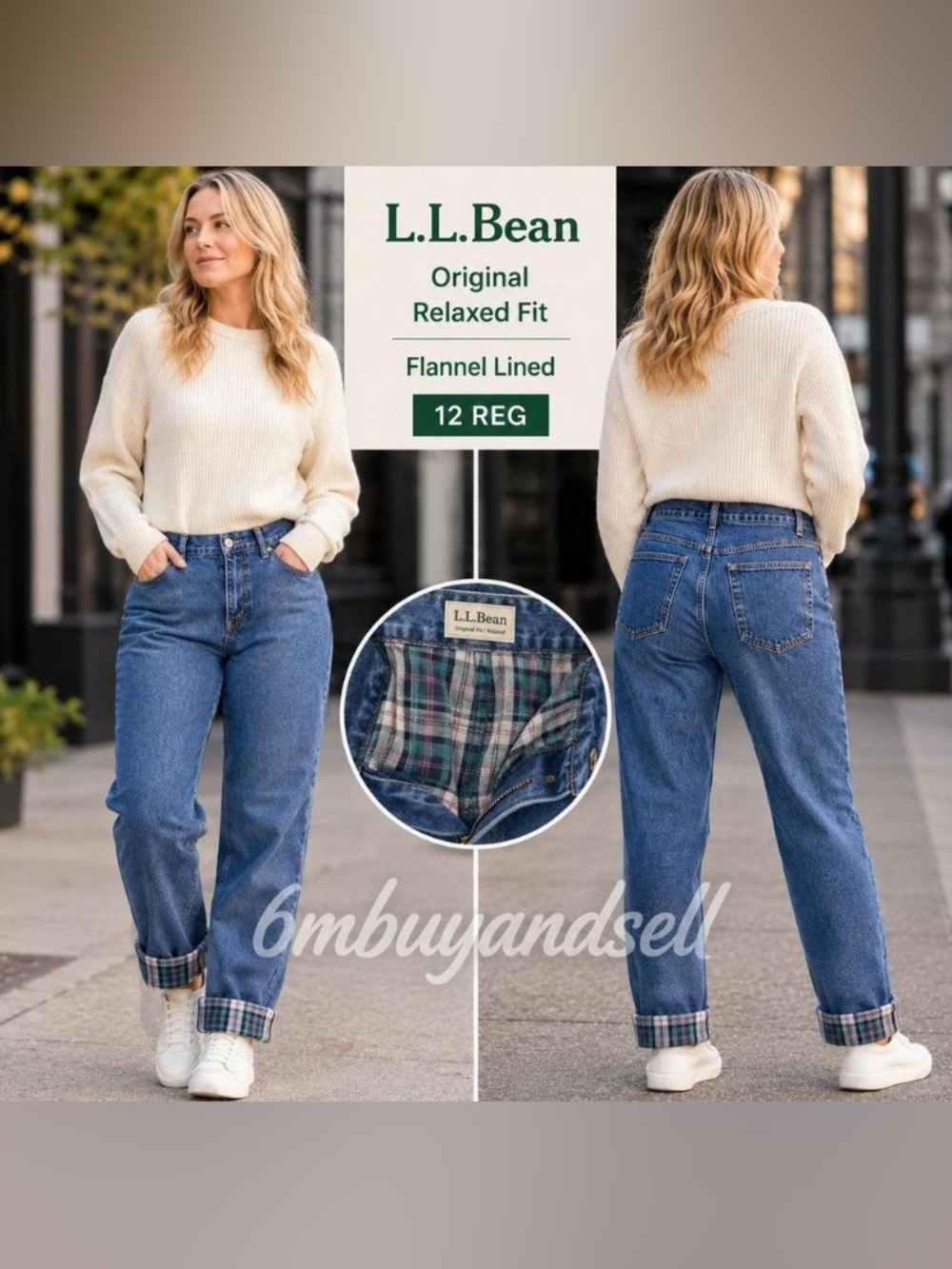 New LL Bean Flannel Double Lined Jeans Original Fit Relaxed Blue Denim Plaid 12